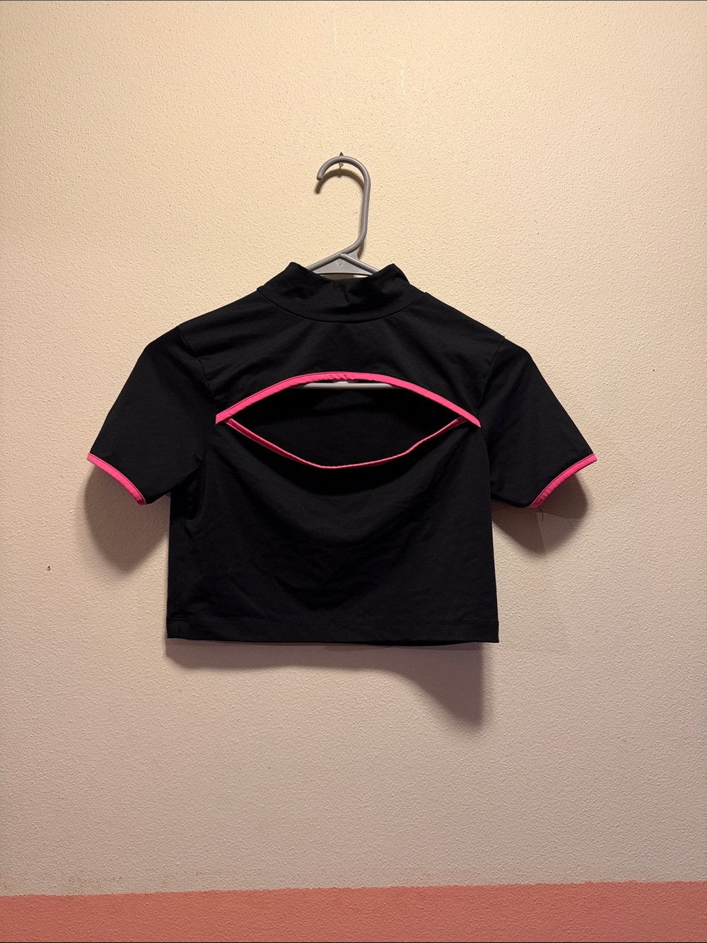 Black Short Sleeve Crop Top with Pink Trim